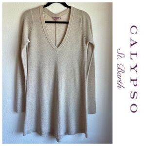 NWOT Calypso St Barth 100% Cashmere V-Neck Long Sleeve Sweater Dress in Oatmeal
